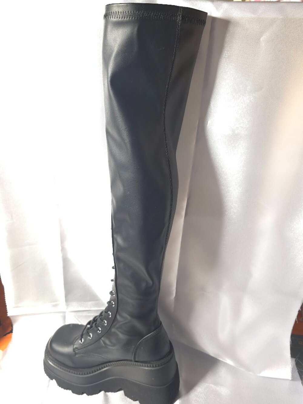Demonia Shaker - 374 Thigh High Matte Black Platform Wedge Boot NWOB
